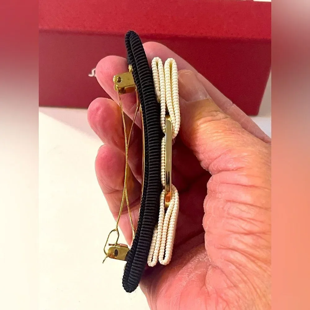 Salvatore Ferragamo Vara Bow Barrette Hair Clip Black & Ivory with Box